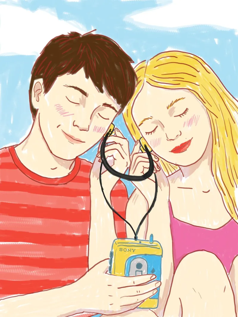 Illustration en couleurs d’un couple qui écoute de la musique
